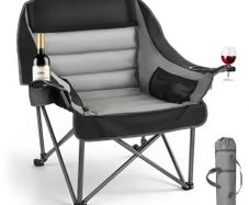 Oversized Camping Chairs, 204 kg Heavy Duty Support, Portable Padded Folding Camp Chairs with Dual Cup Holders & Wine Glass Holders, Carry Bag for Outdoor, Fishing, Black & Gray, 1 Pack