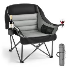 Oversized Camping Chairs, 204 kg Heavy Duty Support, Portable Padded Folding Camp Chairs with Dual Cup Holders & Wine Glass Holders, Carry Bag for Outdoor, Fishing, Black & Gray, 1 Pack