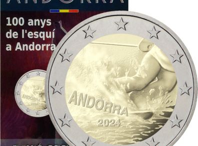Andorra 2 Euro Commemorative Coin 2024 - 100 Years of Skiing in Andorra. Coincard. BU