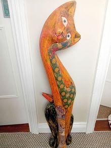 Vintage Indonesian folk art tall wooden cat sculpture