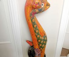 Vintage Indonesian folk art tall wooden cat sculpture