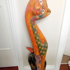Vintage Indonesian folk art tall wooden cat sculpture