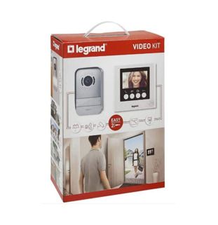 Legrand video intercom kit, consisting of an interior video monitor with a 4.3-inch color screen and wide-angle night vision exterior intercom, white finish.
