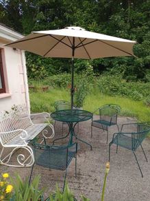 Metal Garden Furniture Set - Table, 4 Chairs, Parasol, COMPLEMENTARY Rocking Bench