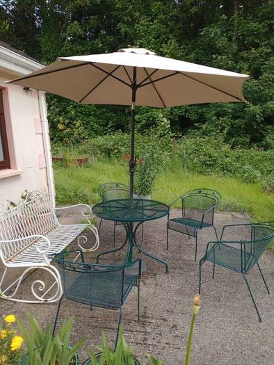 Metal Garden Furniture Set - Table, 4 Chairs, Parasol, COMPLEMENTARY Rocking Bench