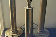 Art deco set of three brass column table lamps