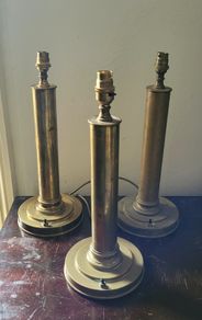 Art deco set of three brass column table lamps