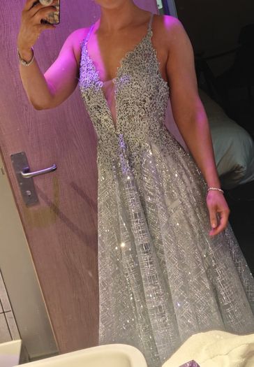 Stunning silver low back formal dress with lace & glitter detail