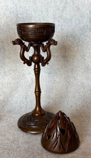 Pair Of Antique Bronze Boshan Incense Burners - Bronze