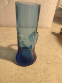 Vintage Very Rare Hand Blown Knobler Indigo Blue Etched Shot Glass / bud vase With Handle