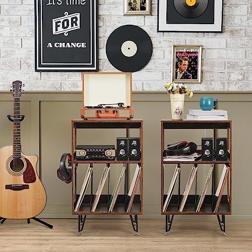 Rustic Record Player Stand, End Table with Record Storage, Vinyl Record Storage Cabinet Holder with Metal Legs, Turntable Stand Record Player Cabinet for Living Room, Bedroom, Holds 160 Albums