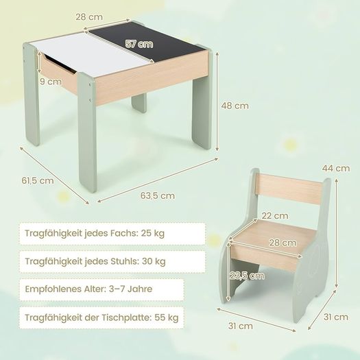 Kids Table with 2 Chairs, 3 Piece Wooden Furniture Set with Reversible  Removable Tabletop, Drawing Table with Storage, Elephant Shaped Childrens Seating Set for Ages 3 to 6
