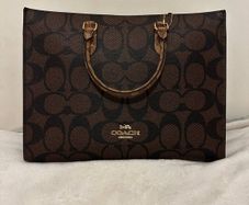 Classic Coach Signature Monogram Tote Bag Brown  Dark Brown Canvas Handbag