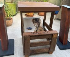 homemade hi-fi table with record box and speakers stands