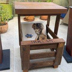 homemade hi-fi table with record box and speakers stands