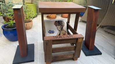 homemade hi-fi table with record box and speakers stands