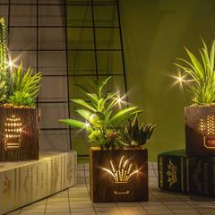 Set of 3 Artificial Succulents with Led Lights in Wooden Box, Artificial Plants Plastic Fake Topiary for Home/Office Decorations, Table Centerpiece, Valentine's Day
