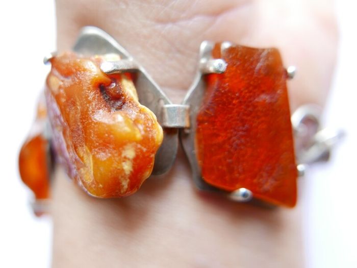 54.4gr giant UNIQUE Baltic Amber Bracelet, SET IN STERLING SILVER 925, Dark Honey Amber Chain and Link Bracelet with natural Inclusions