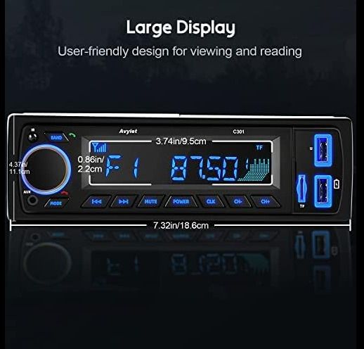 C301 Bluetooth 5.0 Car Radio, Avylet 7 LED Colors Car Stereo Handsfree Calling Stereo & Clock, FM Radio USB/AUX in/MP3/SD MP3 Player Wireless Remote Control