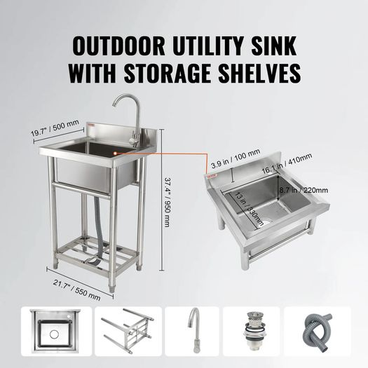 Stainless Steel Utility Sink, 1 Compartment Free Standing Small Sink Include Faucet & legs, 40.6 x 33 x 22.1 cm