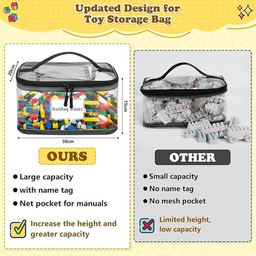 6 Pack Clear Toy Storage Bags, Storage Bags with Zipper, Clear PVC Toy Kids Organiser for Building Blocks, Puzzles, Clay, Small Models, Board Games, Books (6 Pack-L)