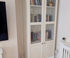 Glass-door cabinet. Bookcase with panel/glass doors, white.