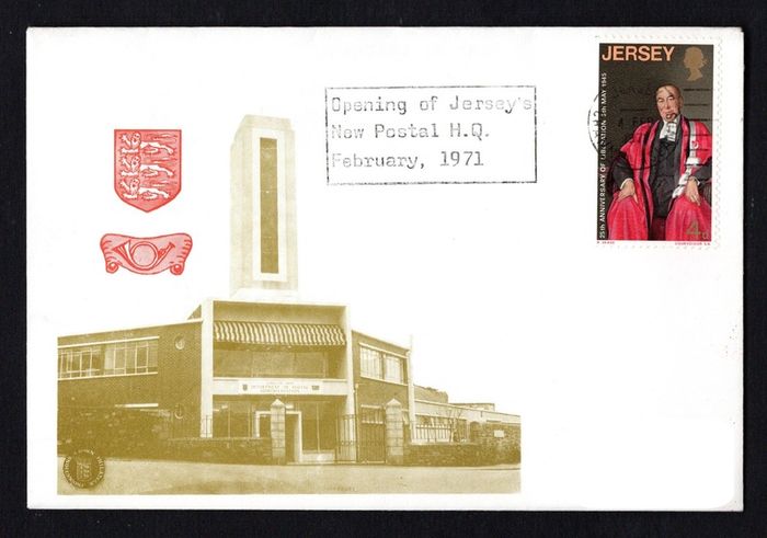 1971 Jersey Cover with cancel for "opening of Jersey's new Postal Headquarters February 1971" tying 4d Lord Coutanche (Sir James Gunn) illustrated cover