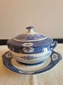 Vintage Burslem pottery Tureen blue & white