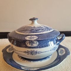 Vintage Burslem pottery Tureen blue & white
