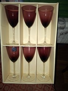 6 Vintage Kilkenny Wine Glasses in Original Box, made of purple amethyst glass and feature a slender, clear stem, Postage Available or Collection