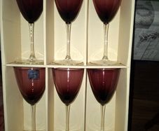 6 Vintage Kilkenny Wine Glasses in Original Box, made of purple amethyst glass and feature a slender, clear stem, Postage Available or Collection