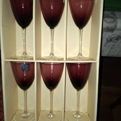 6 Vintage Kilkenny Wine Glasses in Original Box, made of purple amethyst glass and feature a slender, clear stem, Postage Available or Collection