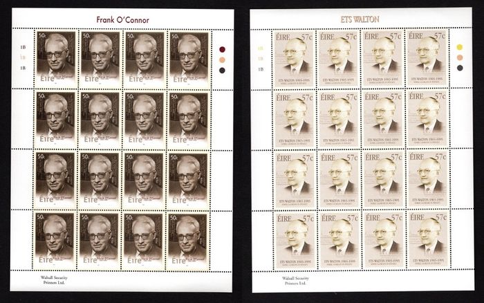 2003 Ireland Birth Centenaries of 50c Frank O'Connor & 57c ETS Walton Commemorative Stamps Sheetlet Plate 1B1B1B Mint Never Hinged (MNH)
