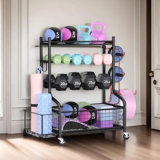 Dumbbell Rack Stand, Multifunctional Weight Rack for Dumbbells, Yoga Mat, Fascia Roller, Kettlebell and Yoga Block, Powder-Coated Steel Dumbbell Stand with Wheels and Hooks
