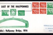 1969 Ireland The Last of the Halfpennies Illustrated cover showing Dublin's Halfpenny Bridge, and two blocks of half-penny stamps with Dublin cancel of 31st July 1969