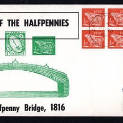 1969 Ireland The Last of the Halfpennies Illustrated cover showing Dublin's Halfpenny Bridge, and two blocks of half-penny stamps with Dublin cancel of 31st July 1969