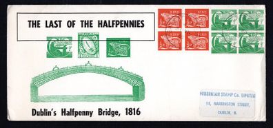 1969 Ireland The Last of the Halfpennies Illustrated cover showing Dublin's Halfpenny Bridge, and two blocks of half-penny stamps with Dublin cancel of 31st July 1969