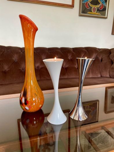 Vintage 20th Century Heavy Asymmetrical Stainless Steel and White Enamel Pair Of Candle Holders