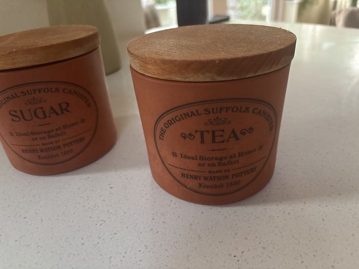 RESERVED- Vintage Henry Watson The Original Suffolk Canister Sugar and Tea Terracotta Storage Jars with wooden pull off lid