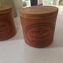 RESERVED- Vintage Henry Watson The Original Suffolk Canister Sugar and Tea Terracotta Storage Jars with wooden pull off lid Image 3