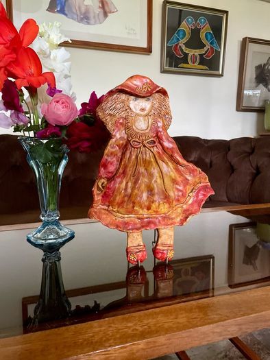 20th Century Holly Hobbie Style Wall Decoration Plaster Glazed & Painted 3-D