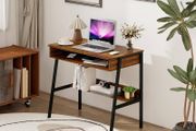 Small Office Desk 80 cm, Bureau Gaming Desk, Study Table, Sit Stand Desk with Drawers, Bureau de Travail, Wood Desk with Black Metal Frame, Rustic Brown