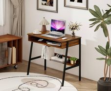 Small Office Desk 80 cm, Bureau Gaming Desk, Study Table, Sit Stand Desk with Drawers, Bureau de Travail, Wood Desk with Black Metal Frame, Rustic Brown