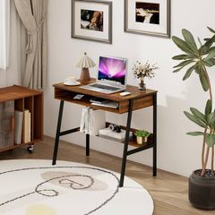 Small Office Desk 80 cm, Bureau Gaming Desk, Study Table, Sit Stand Desk with Drawers, Bureau de Travail, Wood Desk with Black Metal Frame, Rustic Brown