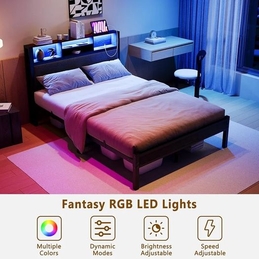 4ft6 Double Size Bed Frame with Storage Shelf Upholstered Headboard,Platform Bed Frame with Charging Station and LED Lights,Metal Bed Frame Double Size,No Box Spring Needed,Noise Free, Black+Grey