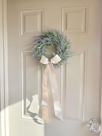 New mini 30cm faux wild lavender wreath with exaggerated linen and polka dot bow