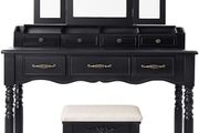 Dressing Table with 7 Drawers, Dressing Table with Padded Stool, 3-Piece Folding Mirror with Chain Hook, 4 Open Compartments, 2 Narrow Compartments for Brushes, Wooden Legs, Black