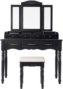 Dressing Table with 7 Drawers, Dressing Table with Padded Stool, 3-Piece Folding Mirror with Chain Hook, 4 Open Compartments, 2 Narrow Compartments for Brushes, Wooden Legs, Black