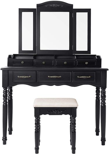 Dressing Table with 7 Drawers, Dressing Table with Padded Stool, 3-Piece Folding Mirror with Chain Hook, 4 Open Compartments, 2 Narrow Compartments for Brushes, Wooden Legs, Black