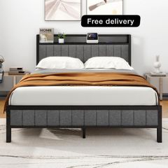King Size Bed Frame with Storage and Headboard Shelf